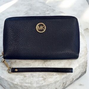 Michael Kors Pebbled Navy Wristlet with Gold Accents